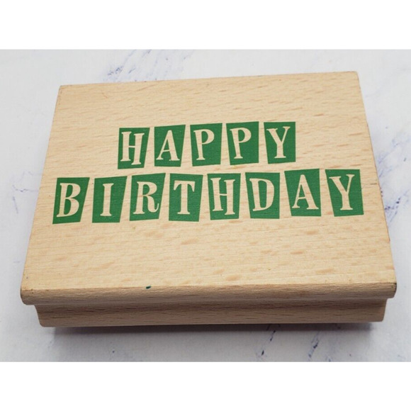 Happy Birthday Block Letters Greenbrier Wood Mounted Rubber Stamp - Picture 1 of 7
